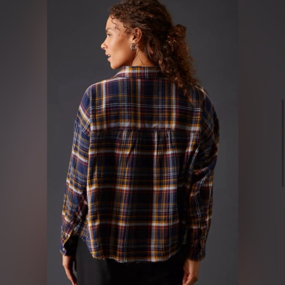 Anthropologie Pilcro Cropped Plaid Button-Down Shirt Top Blue Small Oversized - Picture 2 of 16